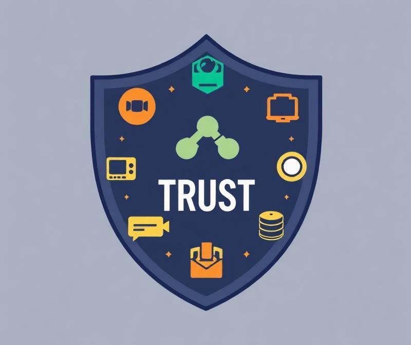 Concept illustration: shield with game icons and trust symbols for Joylix mission