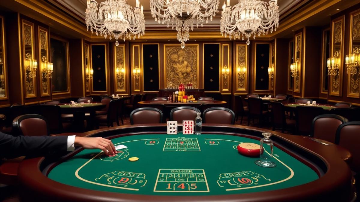 Mini Baccarat gameplay showing Player and Banker hands on elegant table with bet areas