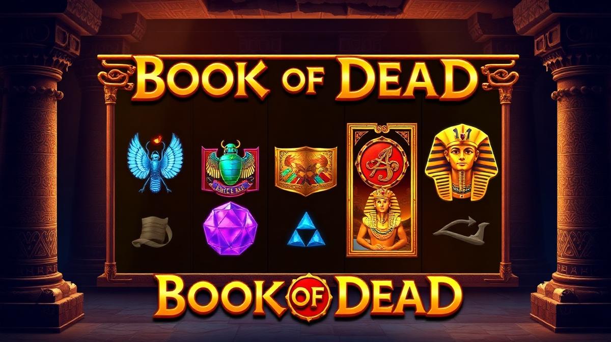 Book of Dead main gameplay screen with Egyptian-themed reels showing scarab, pharaoh and explorer symbols