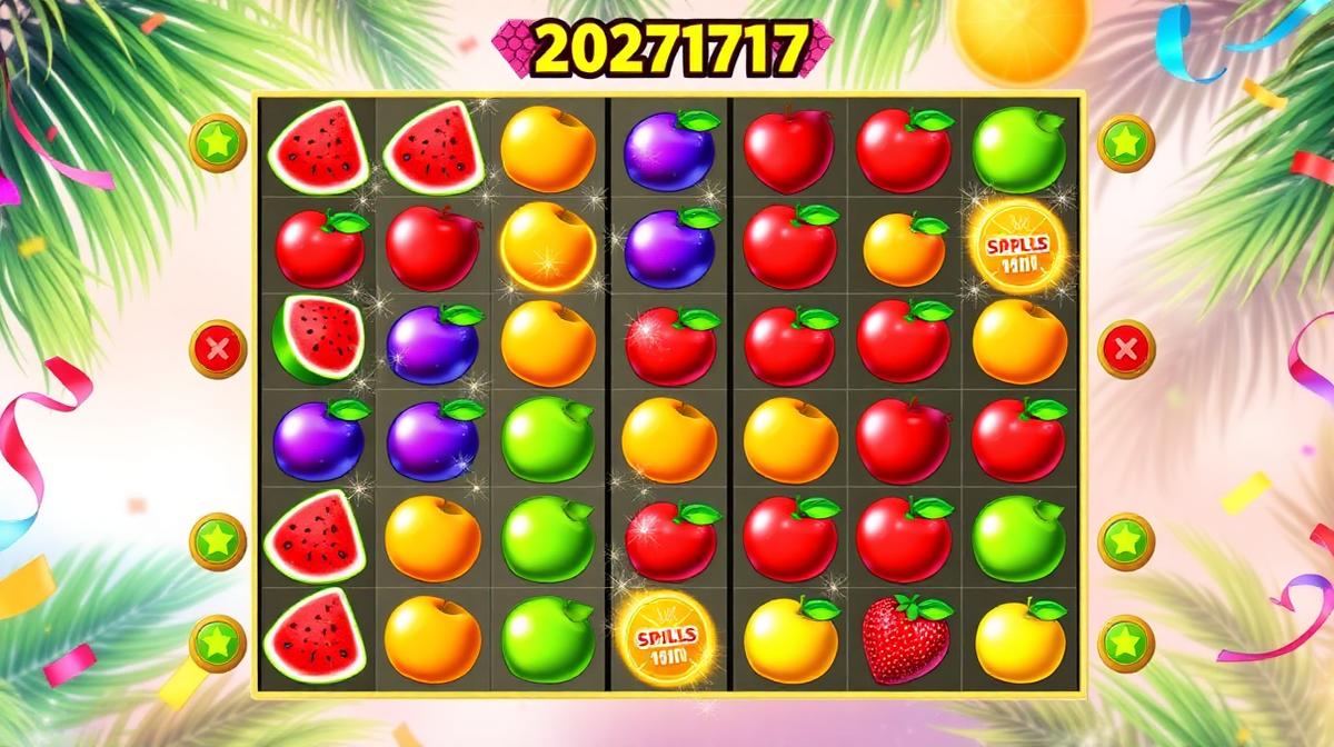 Fruit Party 7x7 grid with colourful fruit clusters, tumble animation and random multiplier symbols