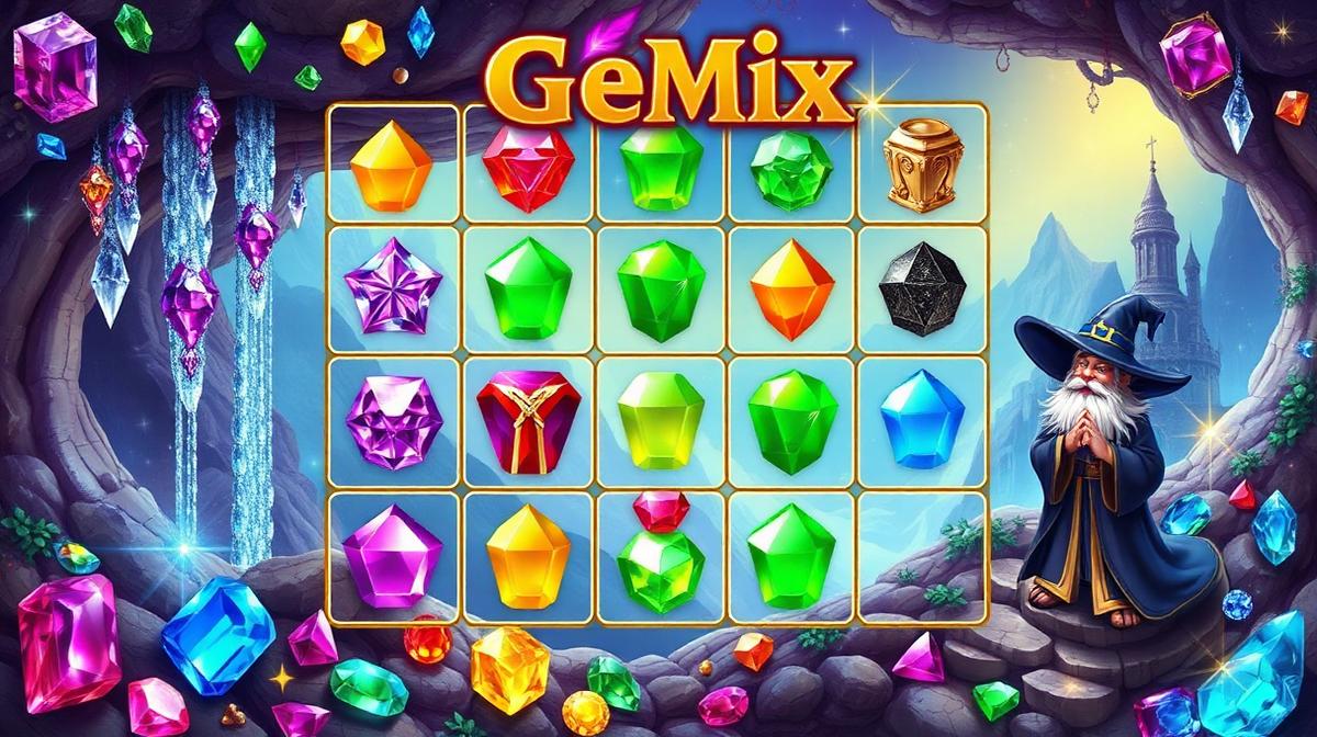 Gemix 7x7 grid gameplay with cascading gem clusters and magical world background
