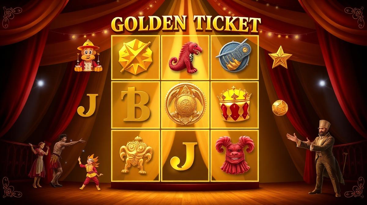 Golden Ticket 5x5 grid gameplay with circus-themed symbols cascading and column clear animation