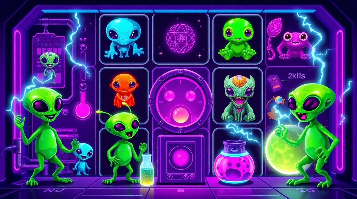 Reactoonz 7x7 grid filled with quirky alien creatures and quantum charge meter on the side