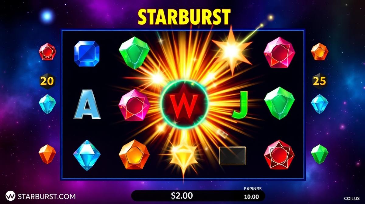 Starburst main gameplay with colourful gem symbols and expanding wild on the middle reel
