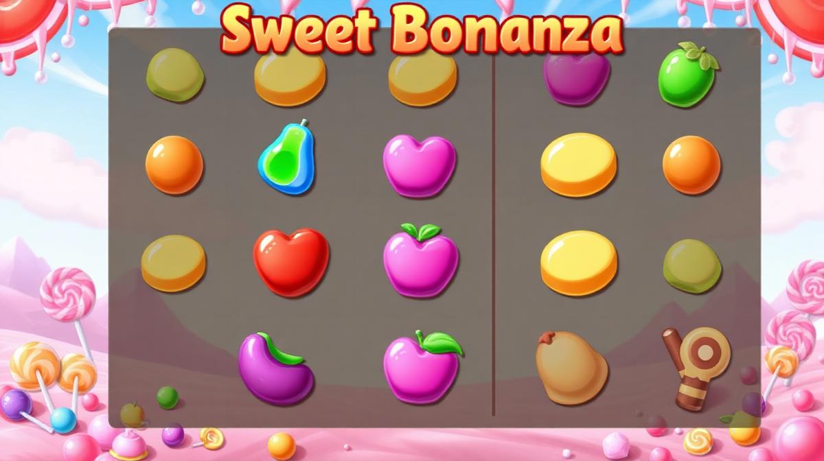 Sweet Bonanza 6x5 grid showing candy and fruit symbols with tumble animation and candy backdrop