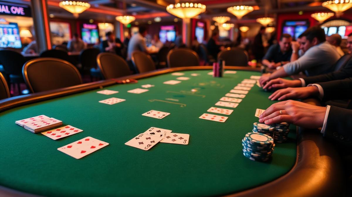 Texas Hold'em gameplay showing community cards, player cards and betting interface