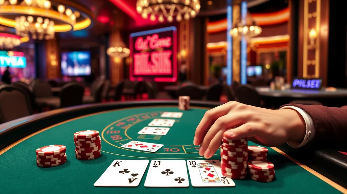 Multihand Blackjack gameplay with animated card dealing and chip stacks on dark table