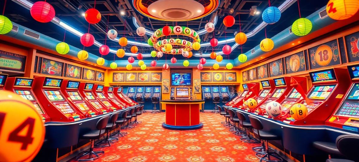 Cheerful bingo hall scene with players daubing cards, colourful bingo balls and a friendly caller at the front