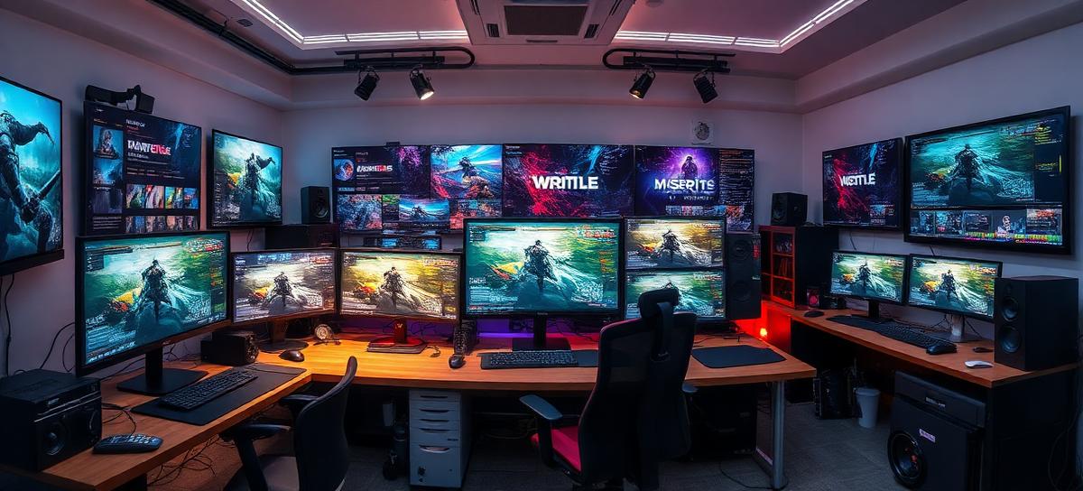 Behind-the-scenes illustration showing game design wireframes, engagement graphs, and UX flow diagrams on a designers workstation