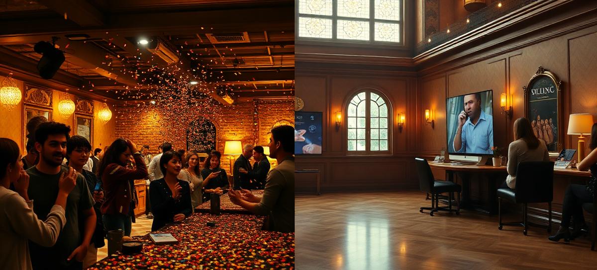 Split-screen illustration comparing social gaming on the left with virtual coins and smiles versus real-money casino on the right with pound notes and serious faces