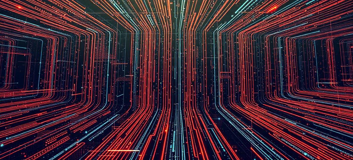 Abstract visualisation of random numbers streaming from a glowing processor chip with dice and playing cards floating around it