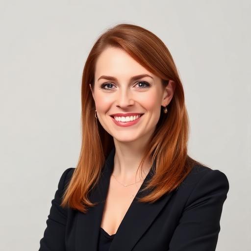 Professional portrait of Eleanor Whitfield, a woman in her 30s with auburn hair, wearing a dark blazer, smiling warmly against a neutral studio backdrop