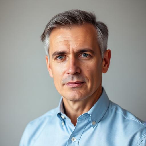 Professional portrait of James Holloway, a man in his 40s with grey-streaked brown hair, wearing a light blue shirt, with a thoughtful expression against a warm-toned background